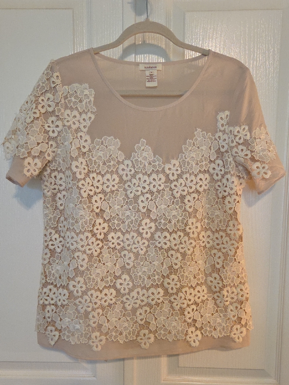 Sundance Cream and Blush Floral Lace Short Sleeve Top